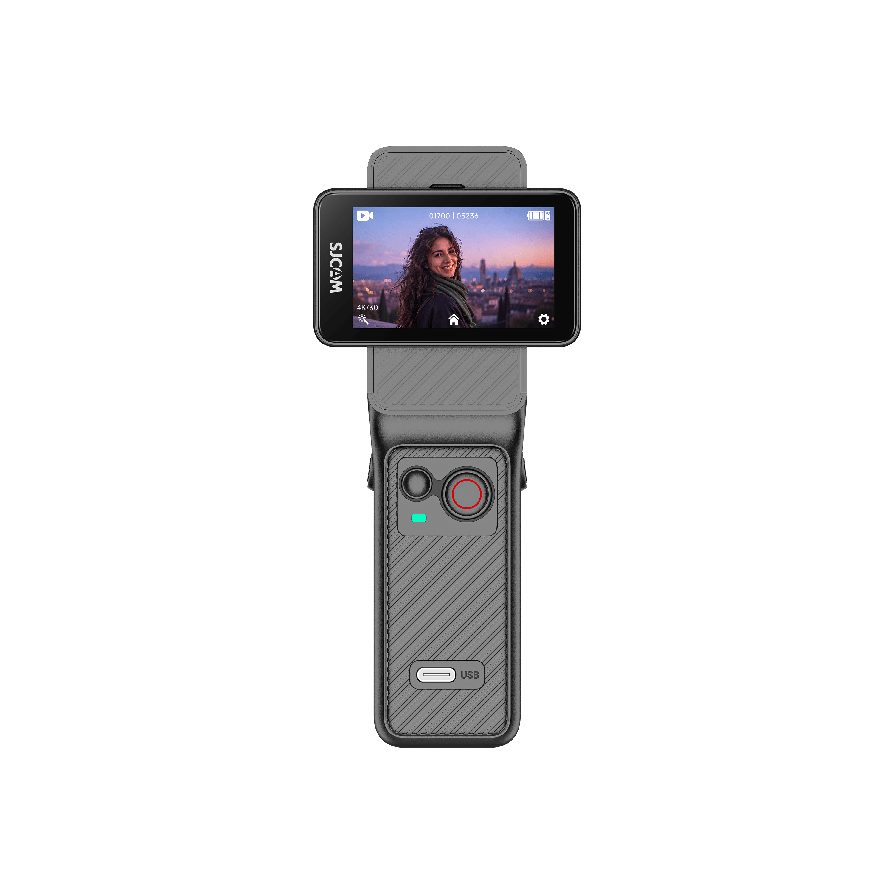 C400 Pro Action Camera showcasing a large sensor and viewer screen for vlogging and high-quality video recording.