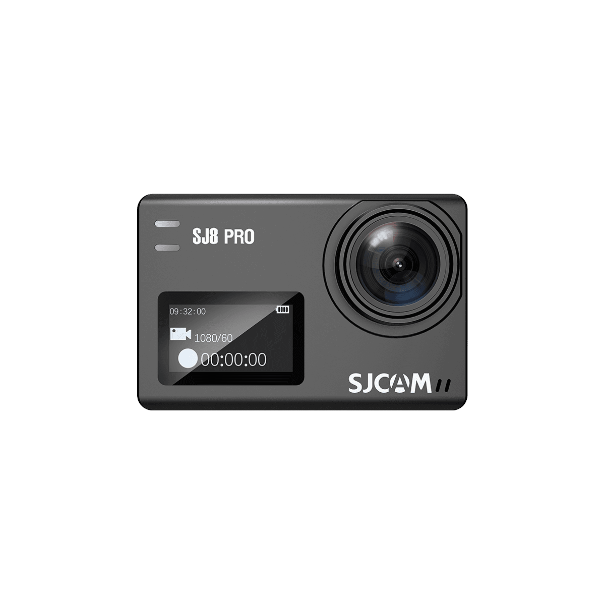 SJ8 Pro Action Camera showing front view with display screen and lens.