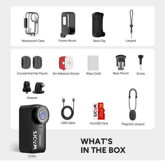 C110 Plus Bundle contents including C110+ camera, accessories like waterproof case, mounts, and cables.
