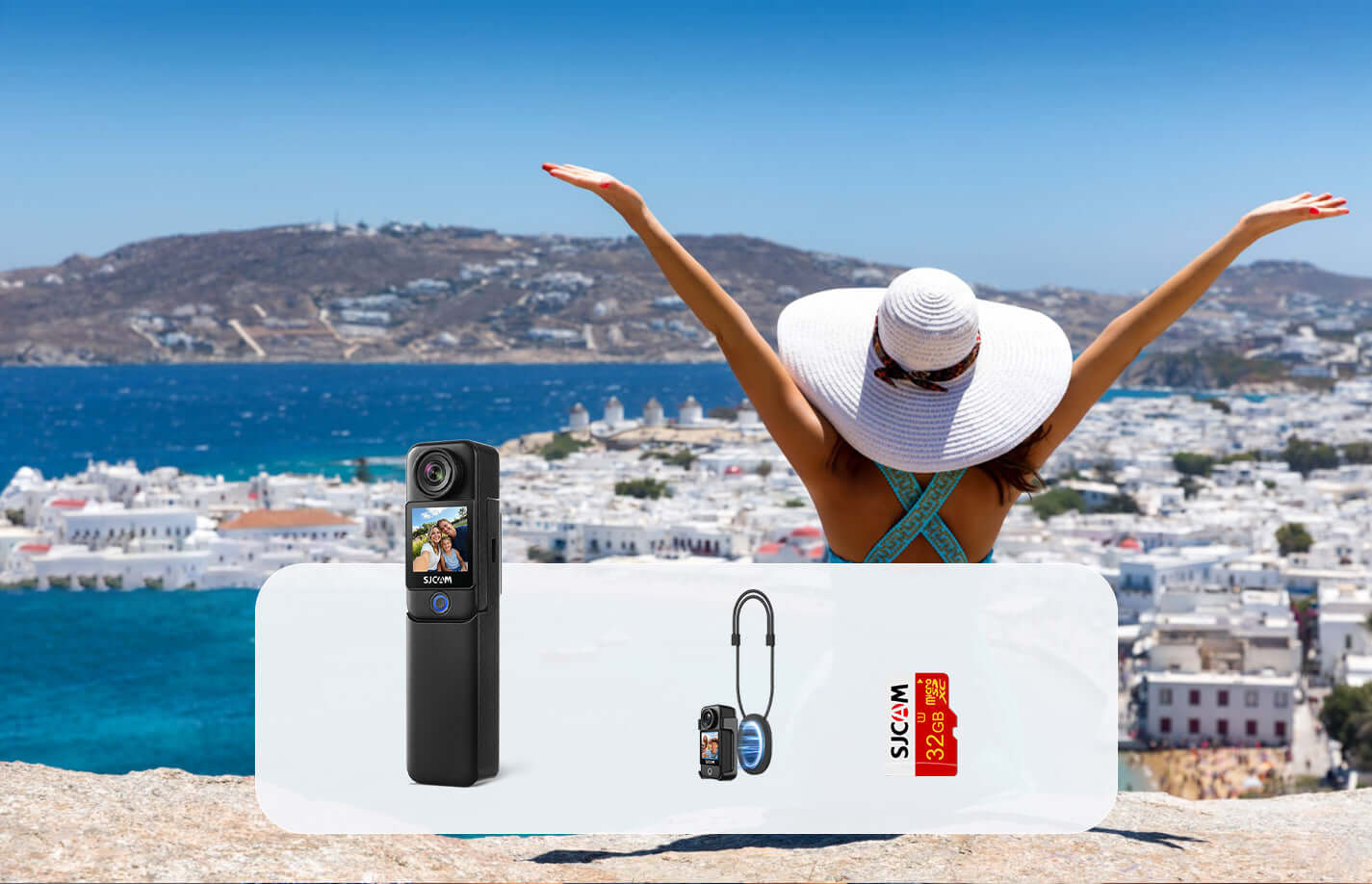 C300 Travel Bundle featuring a woman enjoying a scenic view with travel accessories.