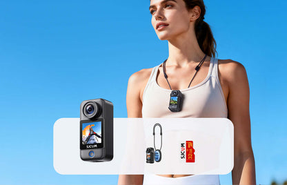 C300 Vlog Bundle displayed with a woman outdoors, showcasing a compact camera and accessories against a blue sky.