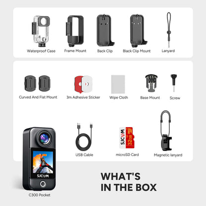 C300 Vlog Bundle components including waterproof case, mounts, lanyard, USB cable, and microSD card.