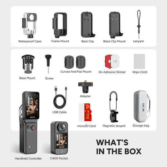 C400 Bundle contents including waterproof case, mounts, cables, and C400 Pocket handheld controller.