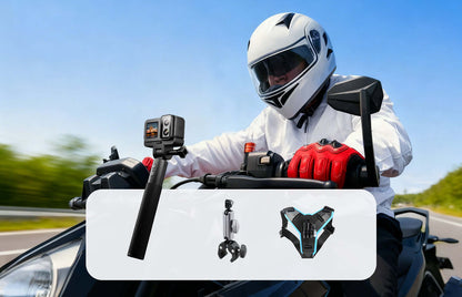 SJ20 Motorcycle Bundle featuring a rider on a motorcycle with accessories including a camera and mounts.