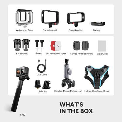 SJ20 Motorcycle Bundle accessories including waterproof case, mounts, battery, and USB cable.
