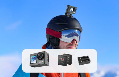 SJ4000 Dual Screen Bundle featuring a helmet-mounted camera and accessories for adventure recording.