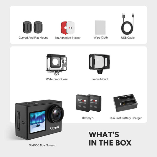 SJ4000 Dual Screen Bundle contents including camera, waterproof case, batteries, and accessories.