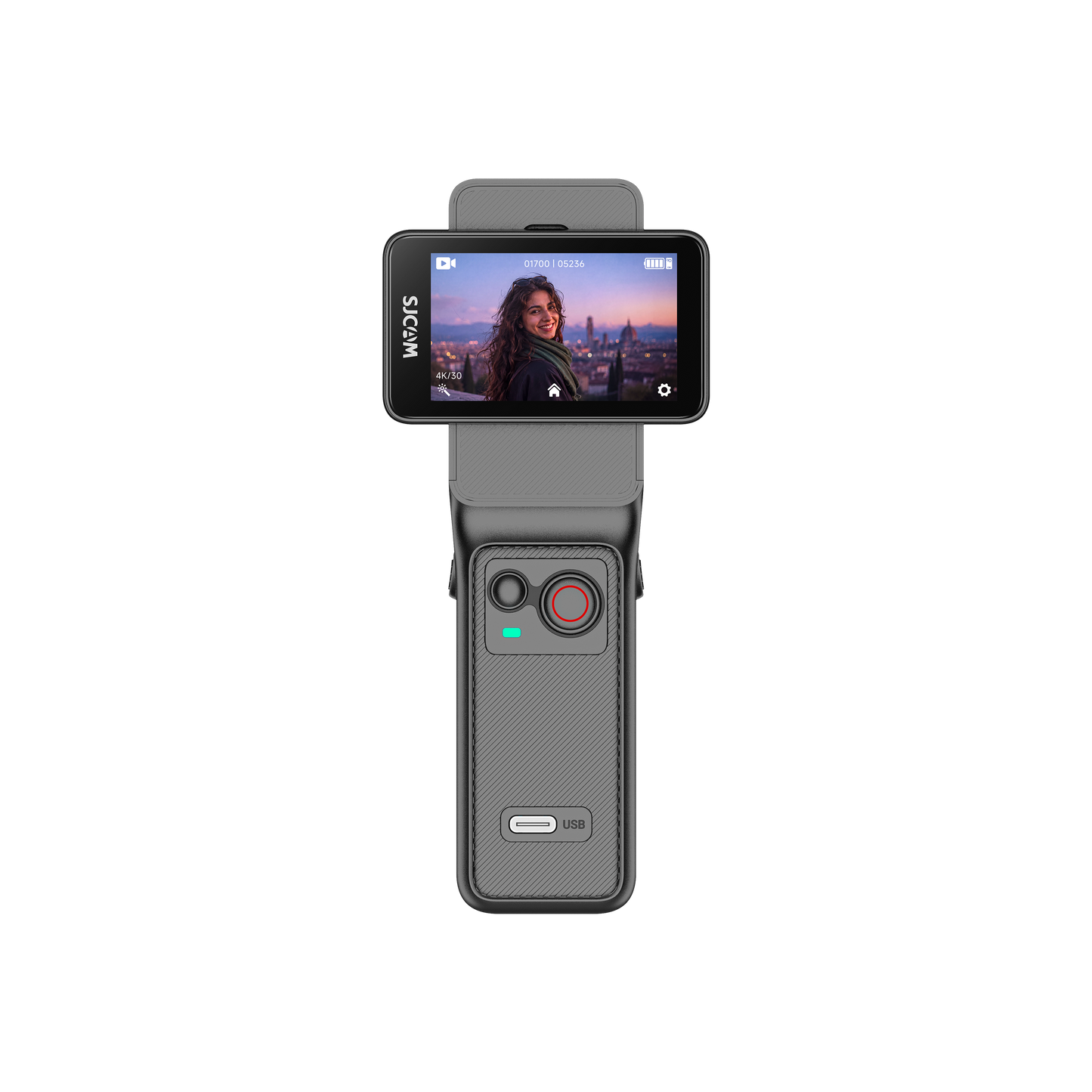 C400 Pro Action Camera showcasing a large sensor and viewer screen for vlogging and high-quality video recording.