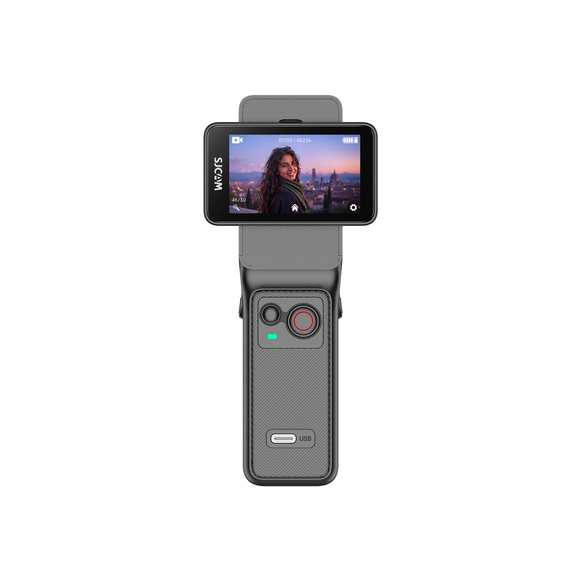 C400 Pro Action Camera showcasing a large sensor and viewer screen for vlogging and high-quality video recording.