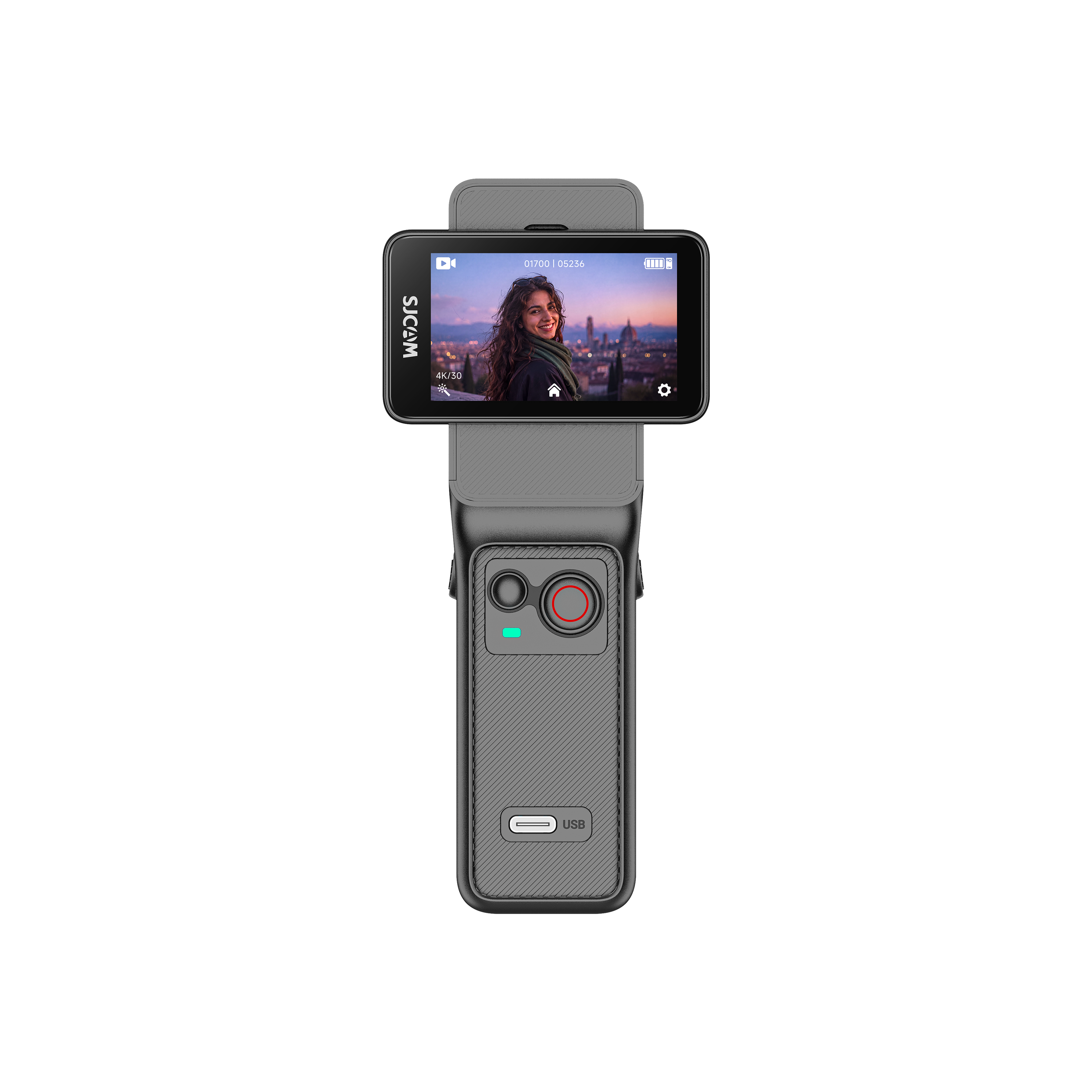 C400 Pro Action Camera showcasing a large sensor and viewer screen for vlogging and high-quality video recording.