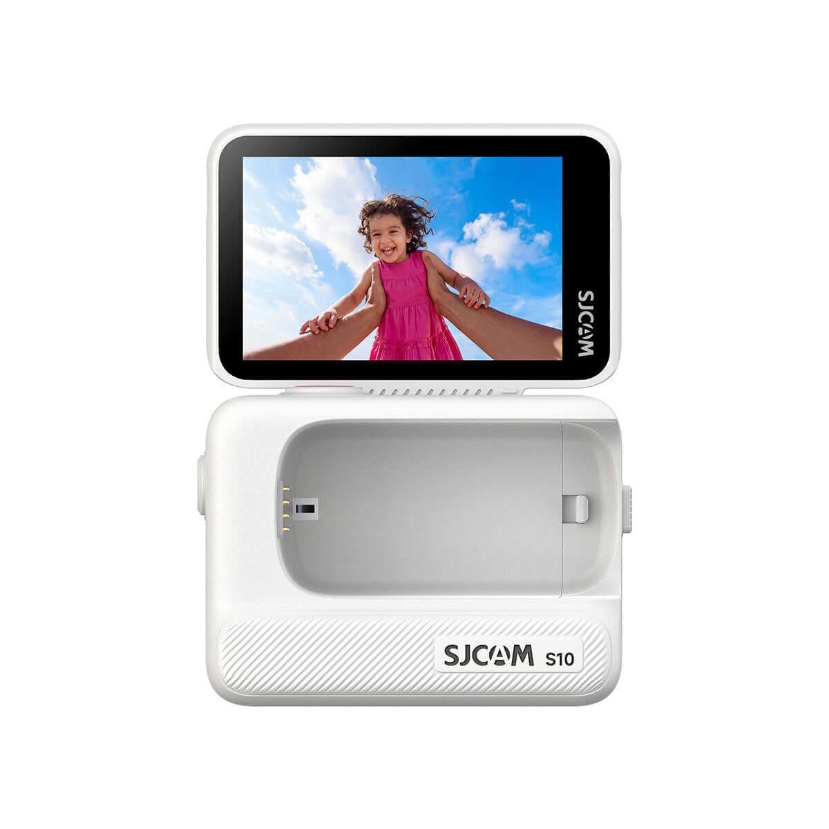 S10 mini action camera showcasing its display with a child in a pink dress against a bright sky.