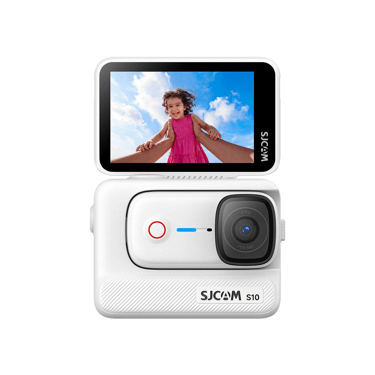 S10 Pocket Action Camera with vibrant screen showcasing a young girl smiling outdoors.