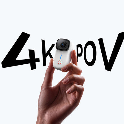 S10 Pocket Action Camera held in hand with 4K POV text in the background, showcasing its compact design.