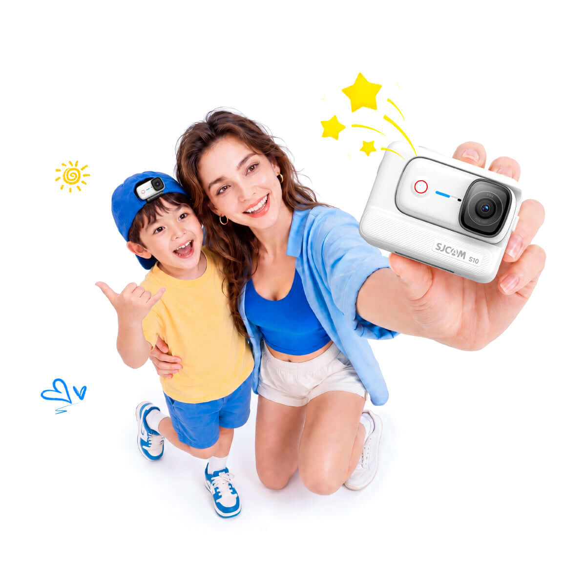 Happy child and woman holding the S10 Pocket Action Camera, capturing joyful moments together.