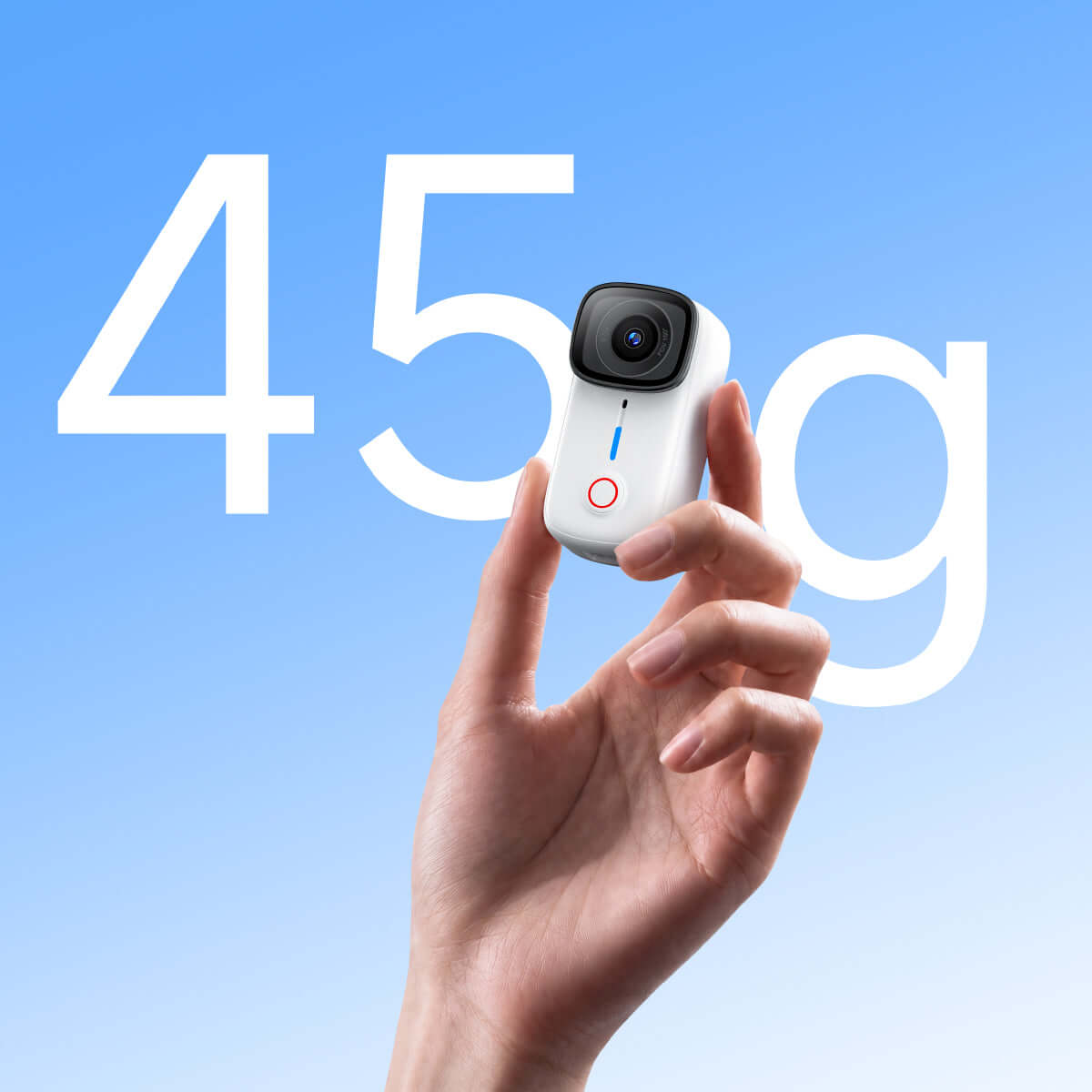 S10 Pocket Action Camera held in hand, showcasing its ultra-lightweight 45g design against a blue background.