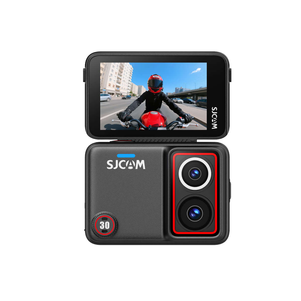 SJ30 8K Dual-lens Action Camera showing dual lenses and flip screen for action footage