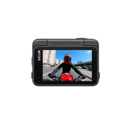 SJ30 8K Dual-lens Action Camera showing a rider on a motorcycle capturing an intense action shot on the display.