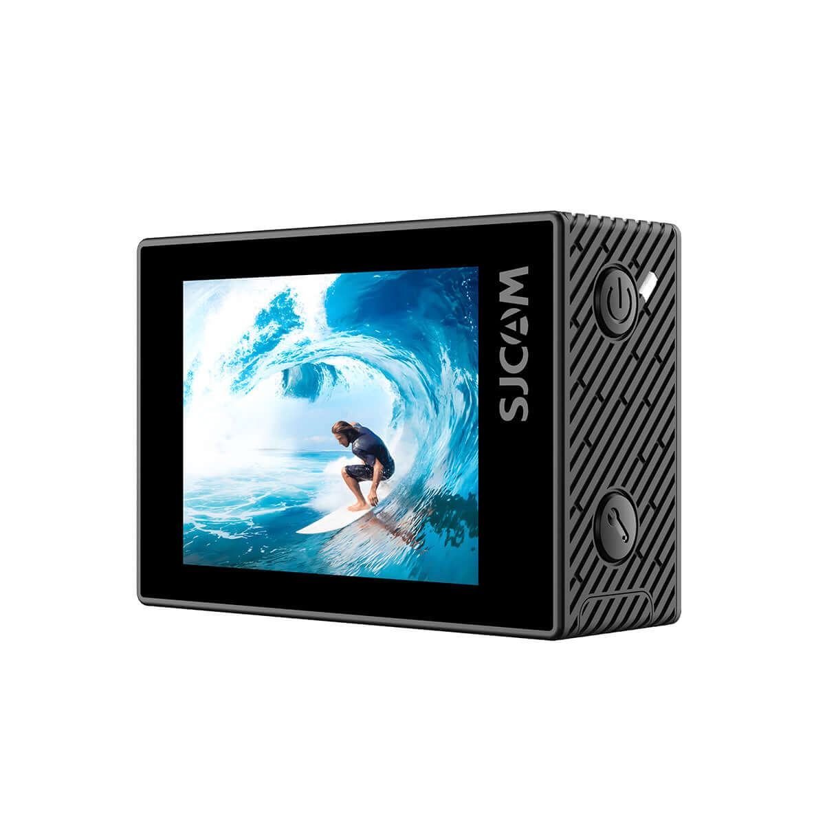 SJ6 Ultra Action Camera showcasing a surfer riding a wave on the touchscreen, demonstrating true 4K clarity.