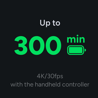 up to 300 minutes battery life at 4K/30fps with handheld controller
