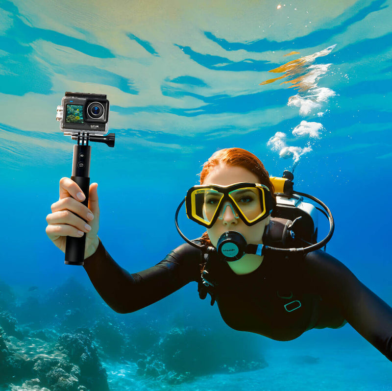 SJCAM action camera with waterproof case capturing underwater diving adventures